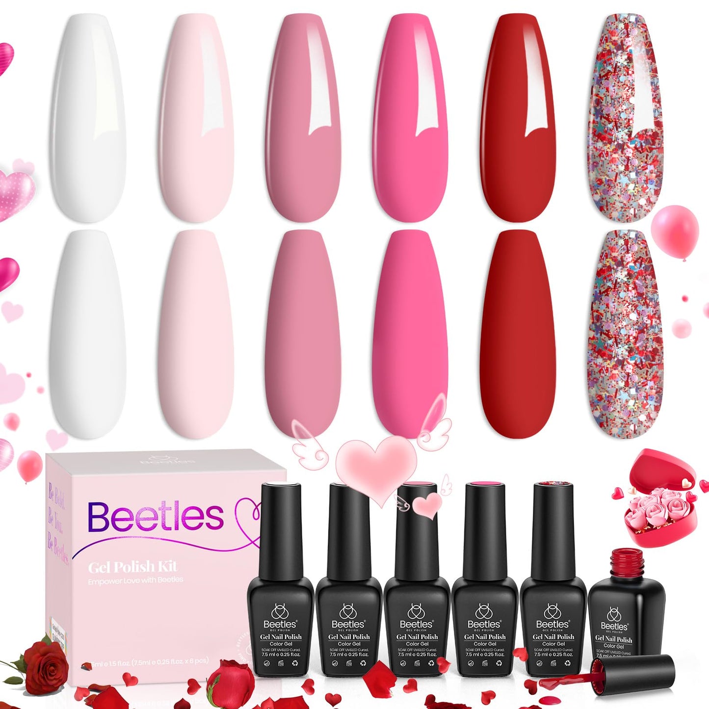 Beetles Juego de esmaltes de uñas de gel, 6 colores, rosa, rojo, kit de uñas de gel, colección Fall in Love, gel rosa con purpurina, lámpara de uñas LED ultravioleta, kit de manicura, regalos para mujeres