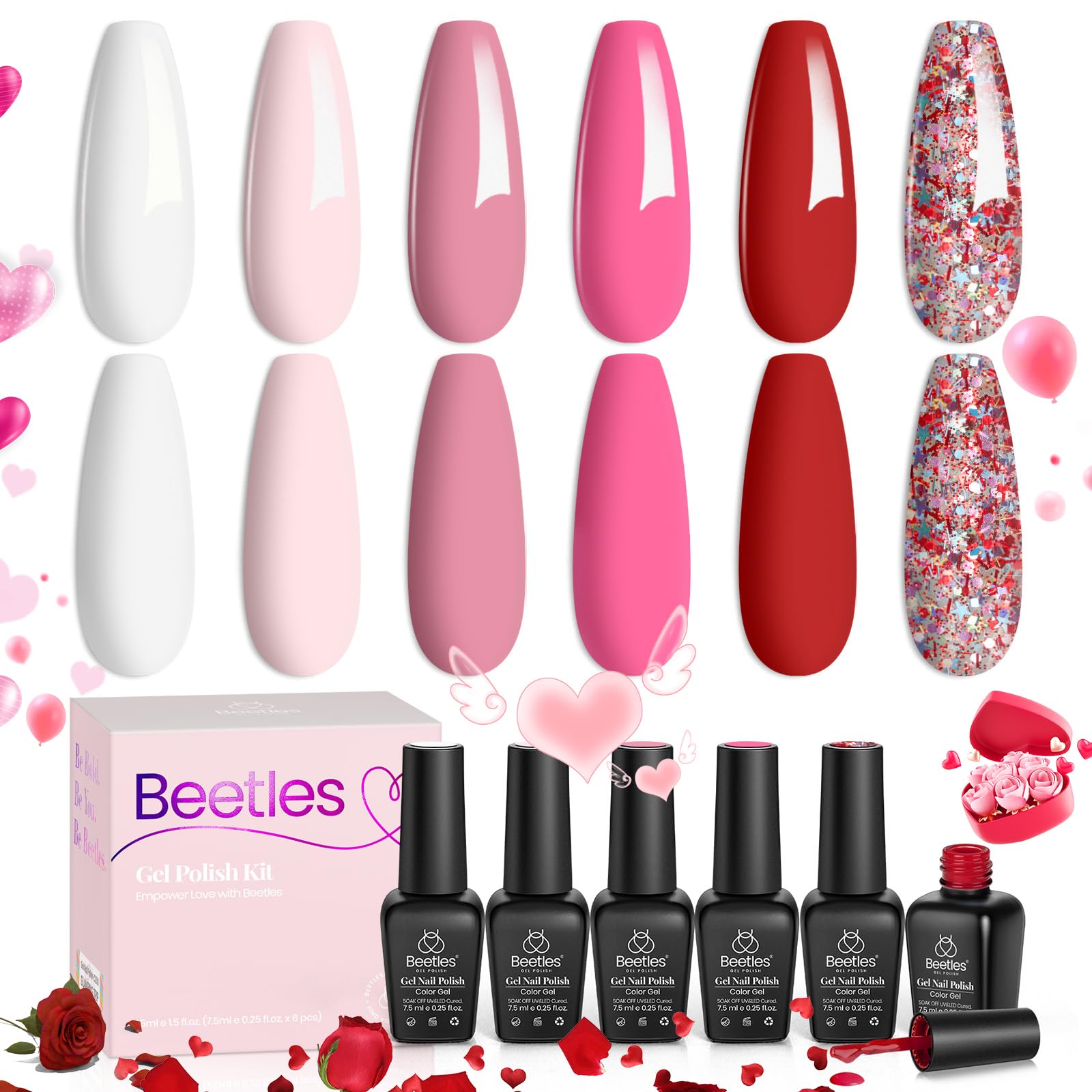 Beetles Juego de esmaltes de uñas de gel, 6 colores, rosa, rojo, kit de uñas de gel, colección Fall in Love, gel rosa con purpurina, lámpara de uñas LED ultravioleta, kit de manicura, regalos para mujeres