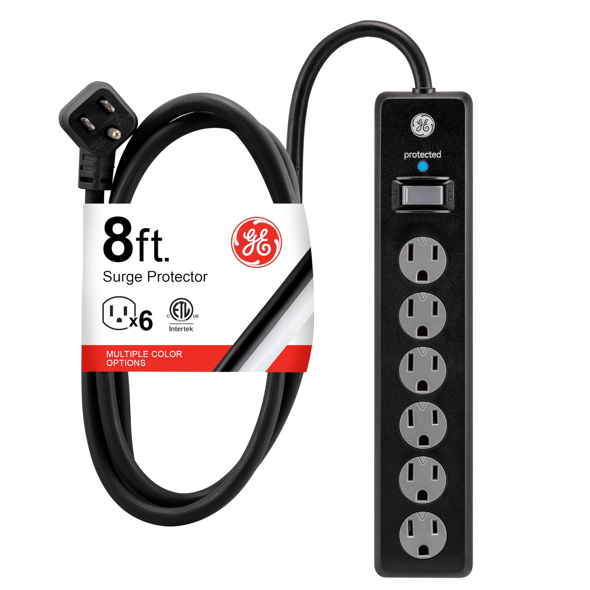GE Tira Multicontactos De 6 Salidas Con Supresor De Picos Y Enchufe Plano, Cable De Extensión De 2.4 Metros (8 Pies), 1300 Julios, Cubiertas De Seguridad Con Giro Para Cerrar, Negro, 1 Unidad, 33662