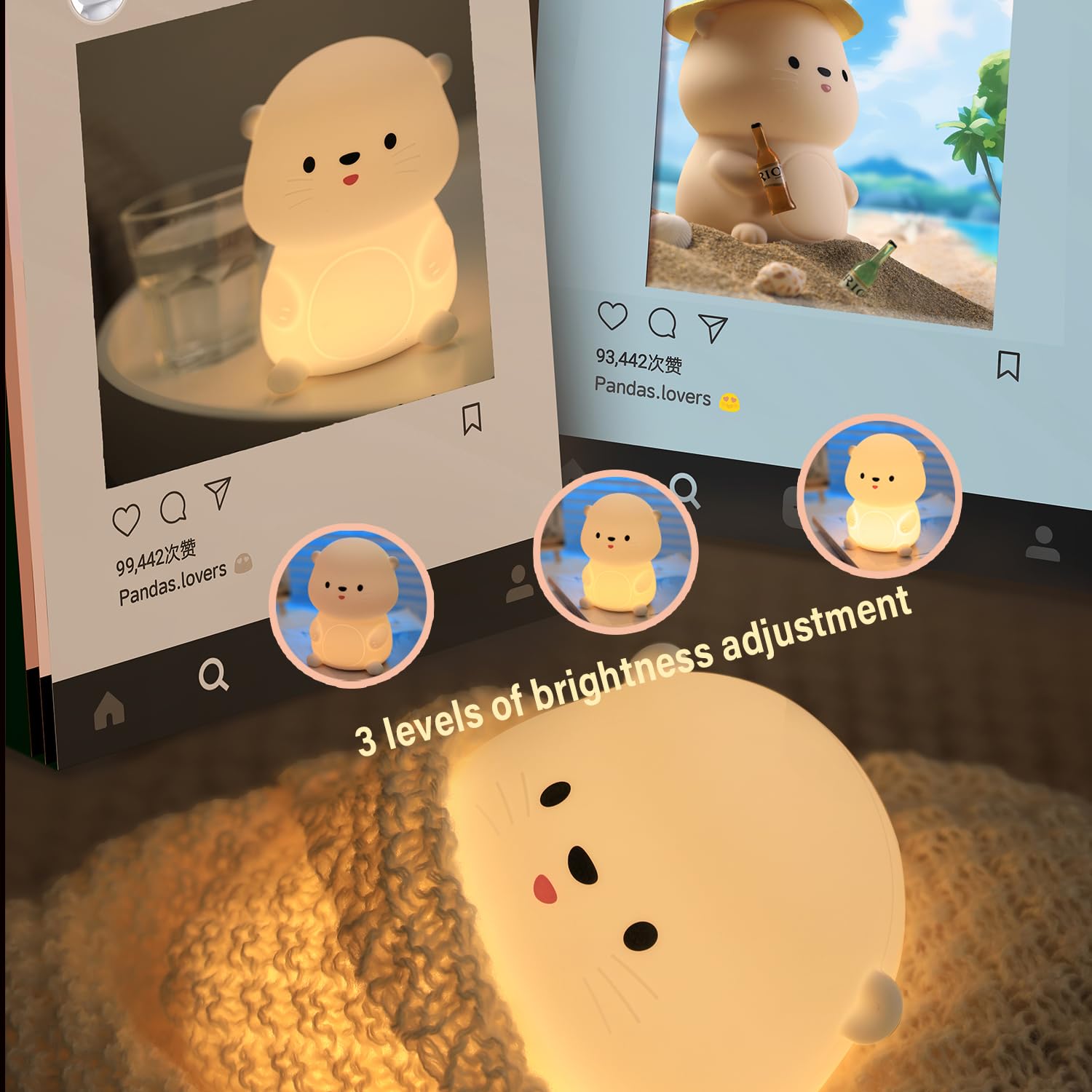 Bestfaith - Lámpara de noche con forma de nutria, luz LED blanda nocturna, regulable, para niños, lámpara táctil recargable con temporizador, decoración de recámara, regalos divertidos para niños