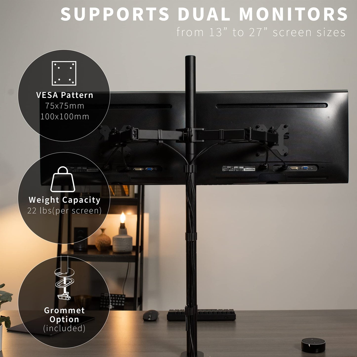 Soporte de Computadora VIVO Negro Extra Alto para Monitor Dual Ajustable hasta 27 Pulgadas