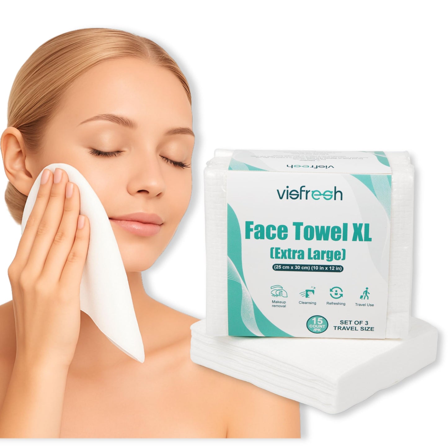 Visfresh Paquete de toallas faciales desechables de viaje - XL 25 x 30 cm. Toallitas faciales desechables, ultrasuaves y gruesas para piel sensible. Toallitas secas desmaquillantes. 15 toallas por paq
