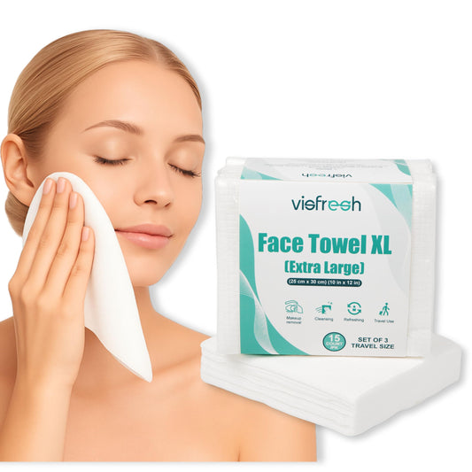 Visfresh Paquete de toallas faciales desechables de viaje - XL 25 x 30 cm. Toallitas faciales desechables, ultrasuaves y gruesas para piel sensible. Toallitas secas desmaquillantes. 15 toallas por paq