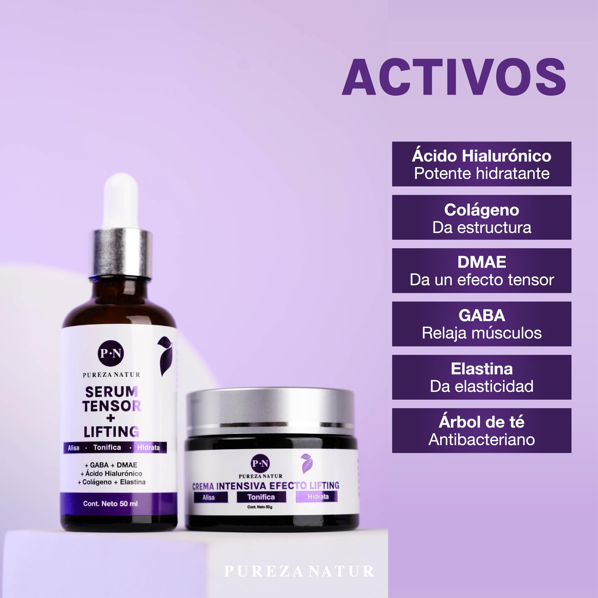 PUREZA NATUR Pack Tensor + Lifting serum tensor y crema lifting intensiva | Paquete completo de suero 50ml + crema 50g para el cuidado de la piel, hidratación y rejuvenecimiento (Pack Tensor Lifting)