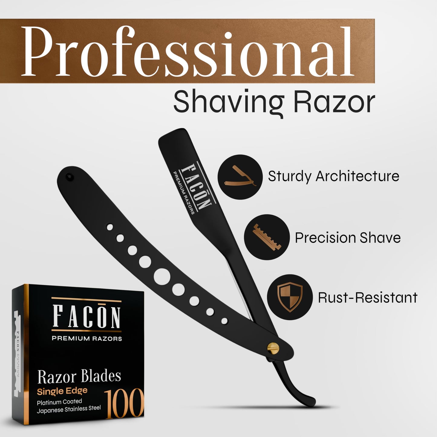 Facón Professional Straight Edge Barber Razor with Adjustable Tension Screw + 10 Blades - Salon Grade Quality Cut Throat Shavette - Japanese Stainless Steel - Black & Gold Limited Edition Gift Box