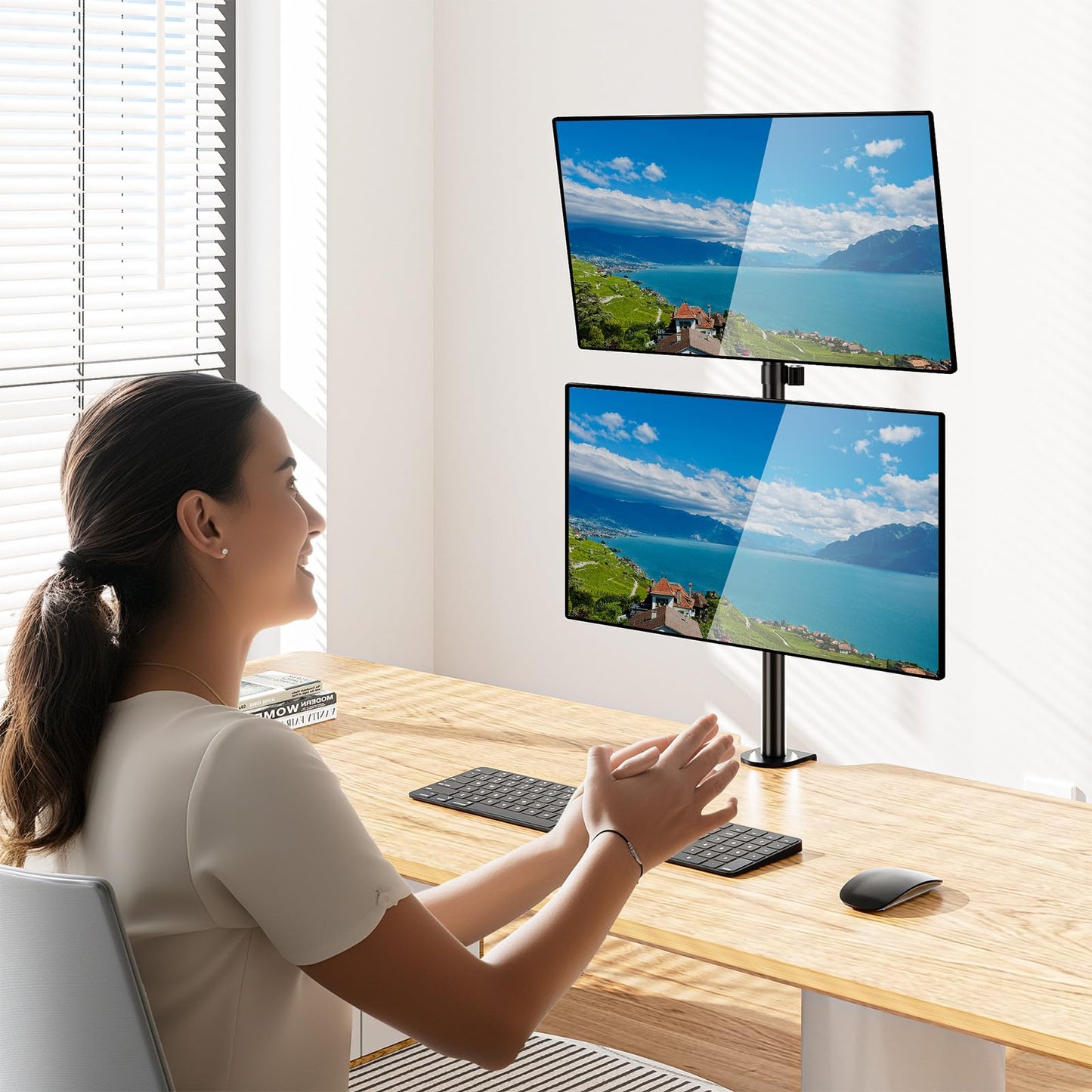 Soporte de Computadora WALI Negro de Monitor Dual para Pantallas de hasta 27 Pulgadas con Base de Ojal Opcional