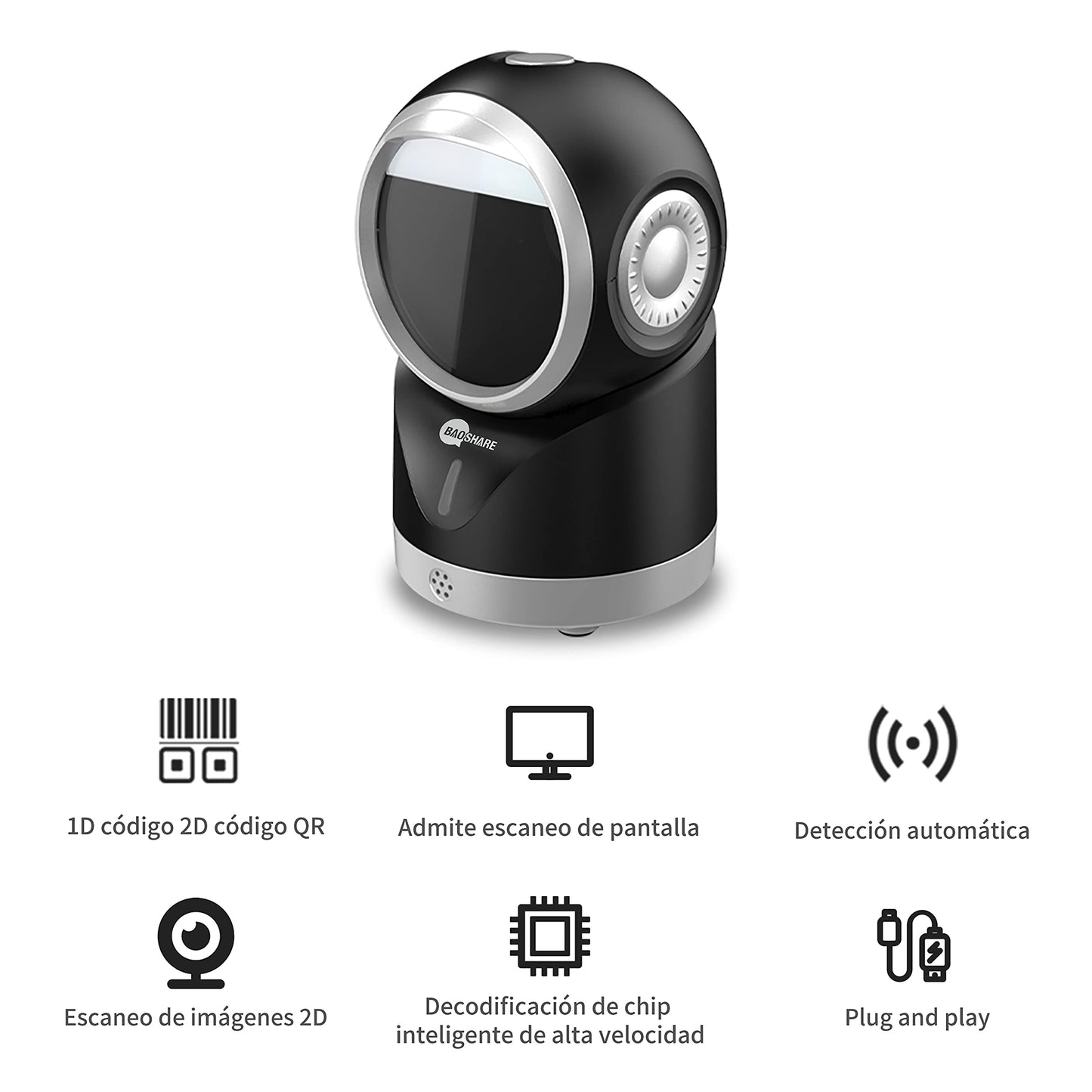 BAOSHARE Escáner de código de Barras de Escritorio 1D 2D QR, Lector de código de Barras USB automático Manos Libres omnidireccional