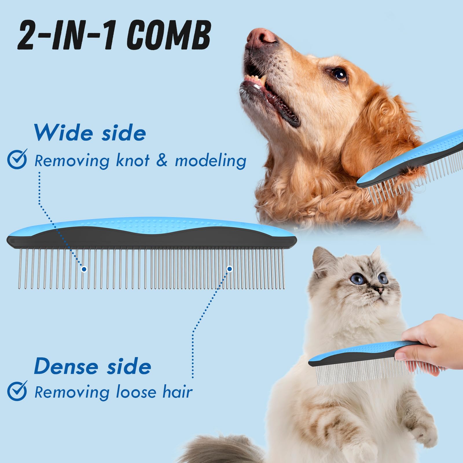 Cepillo y Peine Metálico para Pelaje de Perros, Rastrillo para Desenredar y Eliminar Subpelo, Herramienta para Mascotas de Pelo Largo Azul