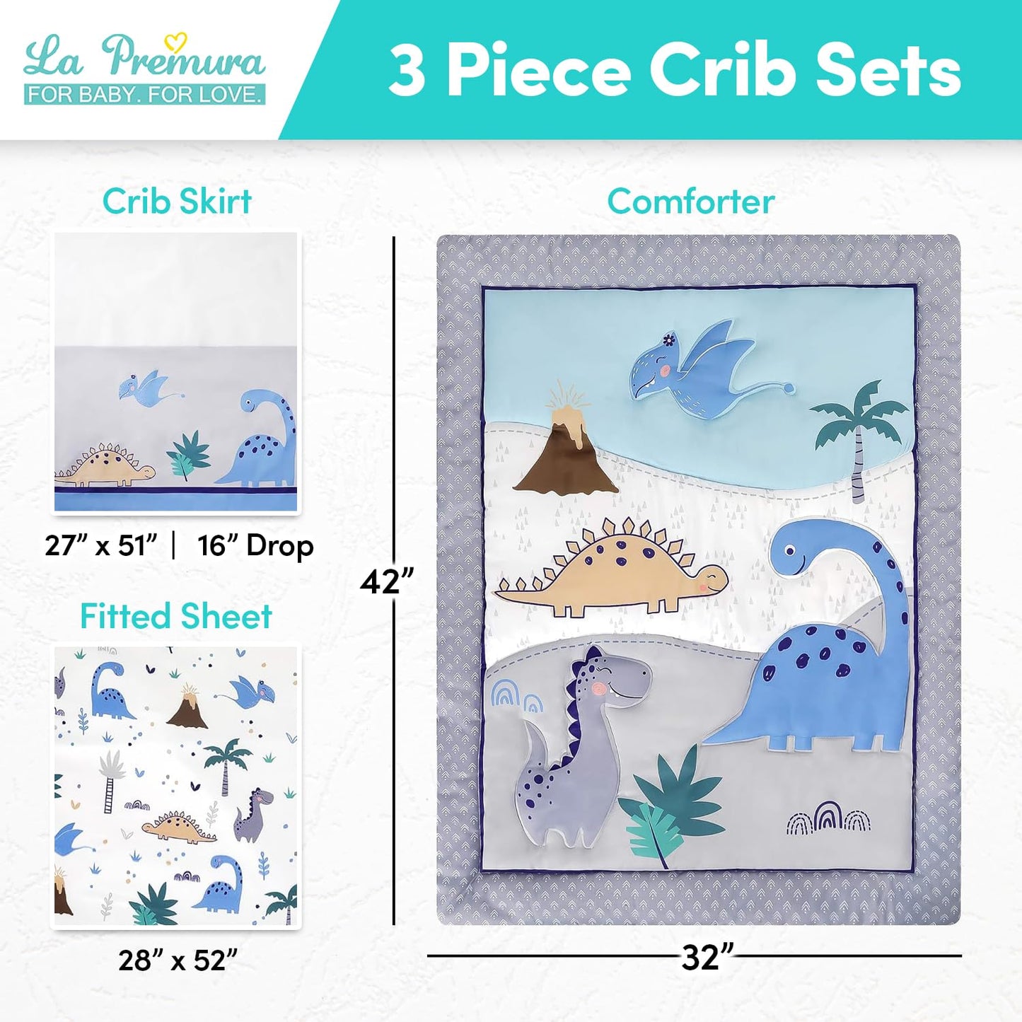 La Premura - Juego de cama para cuna de bebé para niños, juego de edredón de 3 piezas de tamaño estándar de dinosaurio, gris/azul, ropa de cama unisex para guardería y decoración neutra
