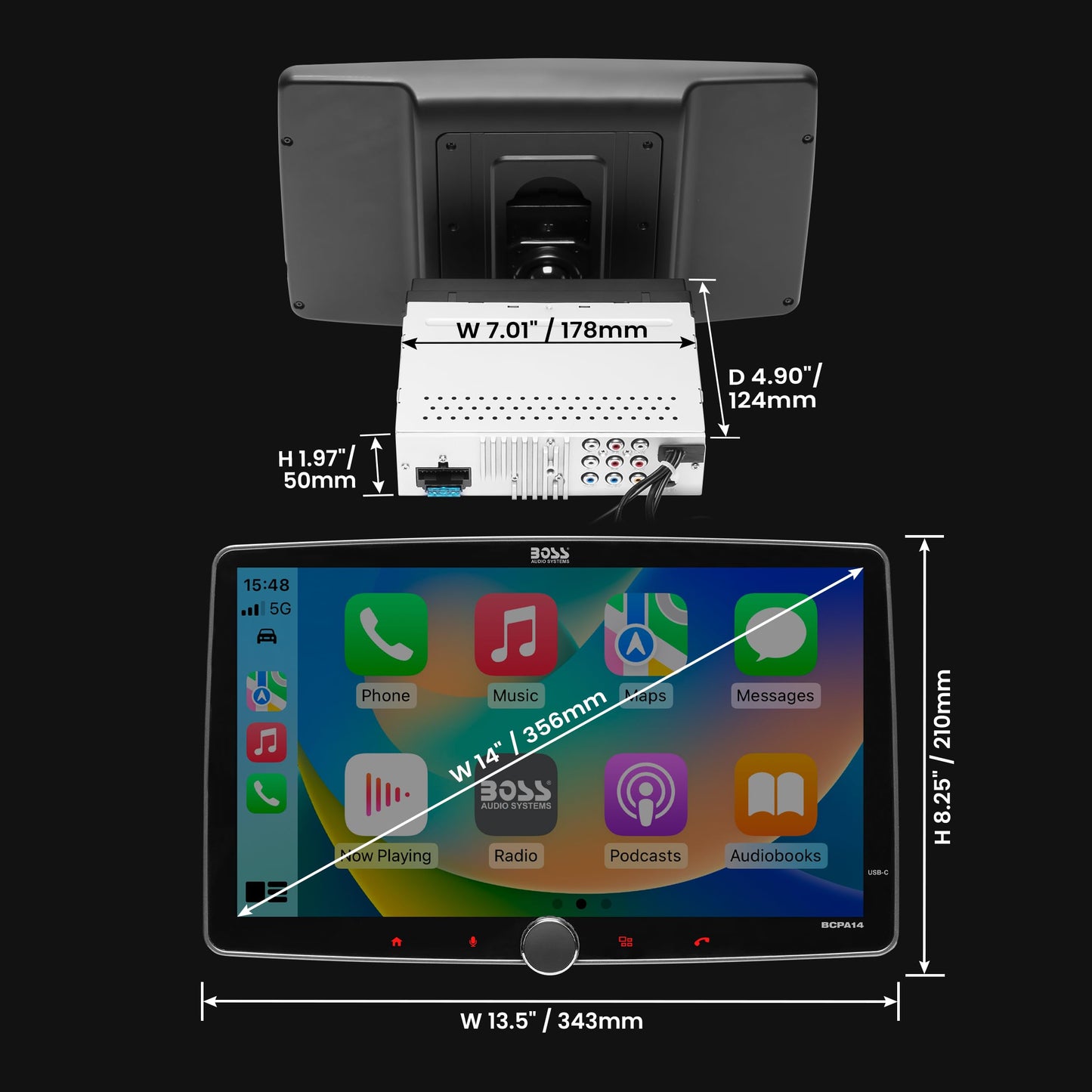 BOSS Audio Systems- BCPA14 Car Stereo - Apple CarPlay, Android Auto, DIN Simple, Pantalla táctil LCD capacitiva de 14 Pulgadas, Bluetooth, sin Reproductor de CD
