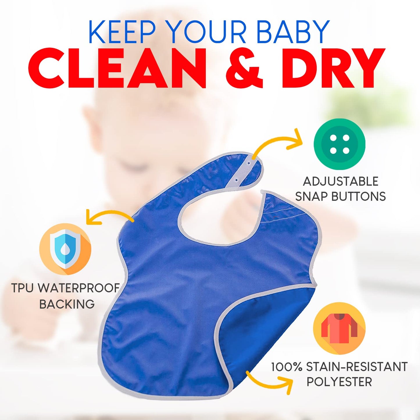 Toppy Baberos grandes impermeables para niños pequeños con botones a presión, respaldo de onda, 4 baberos