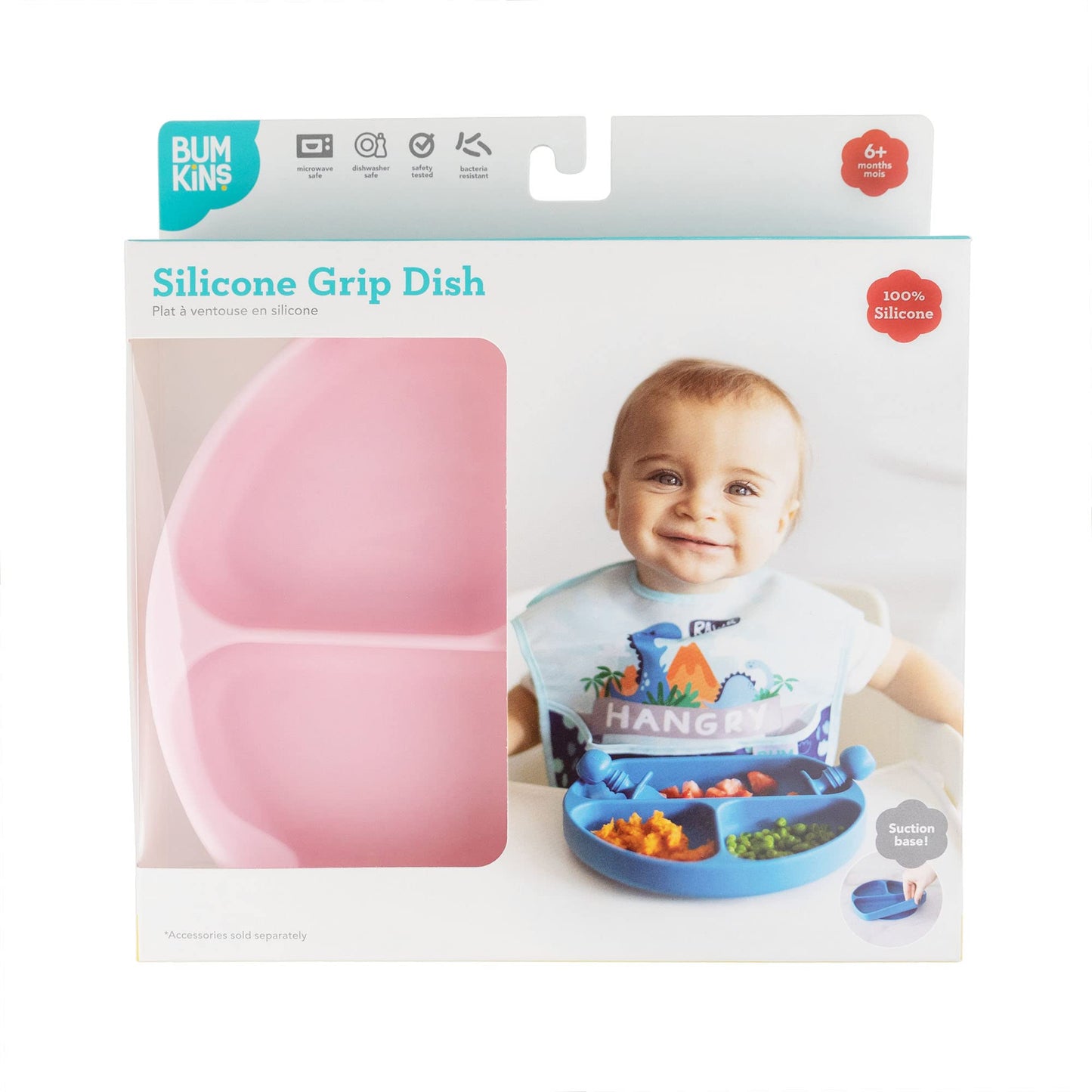 Bumkins - Plato de succión para bebés y bebés, plato de agarre dividido para bebés y niños, destete LED para bebés, suministros de alimentación, se adhiere a mesas y sillas altas, silicona platino,