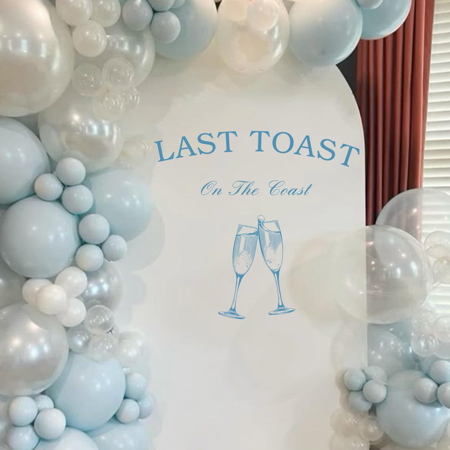Gostman Last Toast on The Coast - Calcomanía de pared con texto en inglés "Last Toast on The Coast", letras azules con diseño de copa de vino, decoración de fiesta de boda (calcomanía costera)