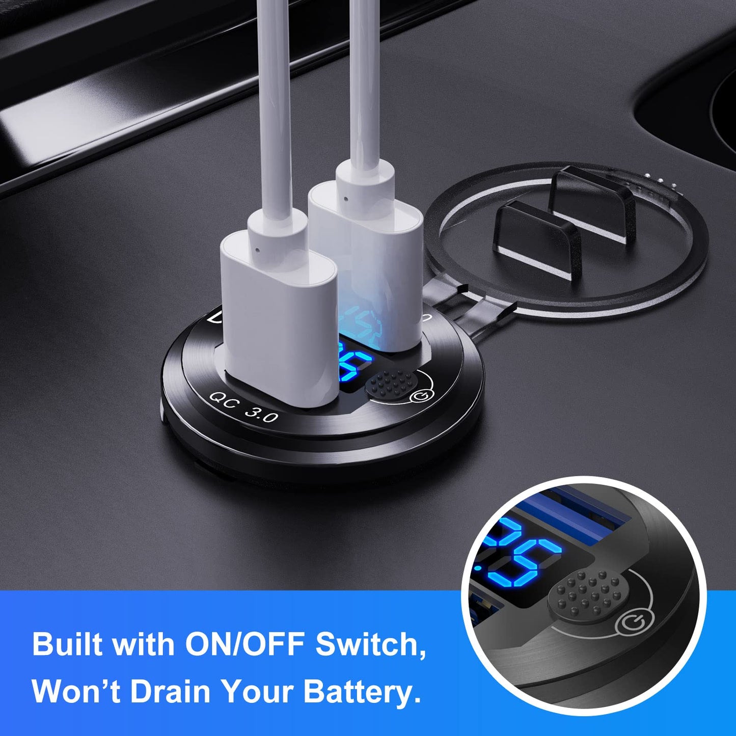 Toma de corriente USB de 12 V/24 V, carga rápida 3.0, enchufe de cargador de coche de doble puerto con voltímetro azul, cargador USB de aluminio impermeable, kit de bricolaje para coche, motocicleta