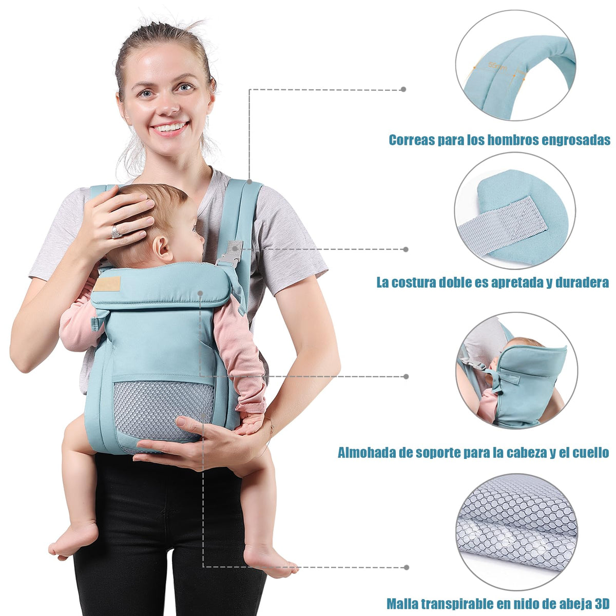 Cangurera para Bebe, Fular Ergonómico para Bebés de 0 a 36 Meses(Hasta 20 kg), Mochila Portabebés, Proteger la Cabeza, Portabebés de Algodón Ligero y Transpirable Ajustable