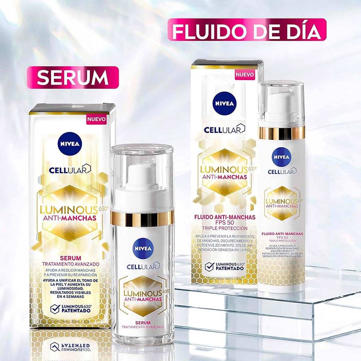 NIVEA Kit Anti-manchas Rutina Facial Luminous 630 (3 piezas), Enriquecida con Ácido Hialurónico Serum facial + Fluido facial con Vitamina E y FPS50 + Contorno de Ojos Anti-ojeras