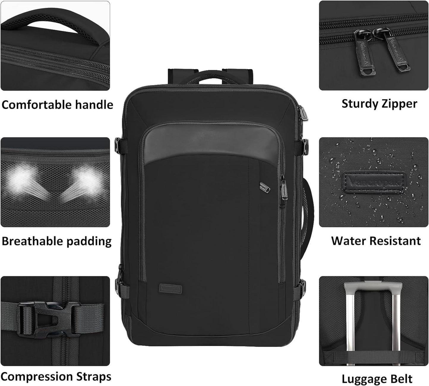 Mochila de Viaje Vancropak Negro Expandible 50L Impermeable para Mujer y Hombre