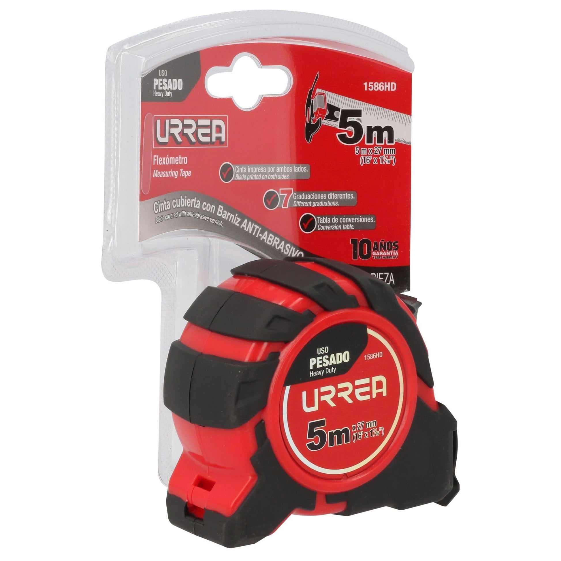 Flexómetro Urrea Rojo Heavy Duty con Hoja de Acero y Carátula de ABS y TPR