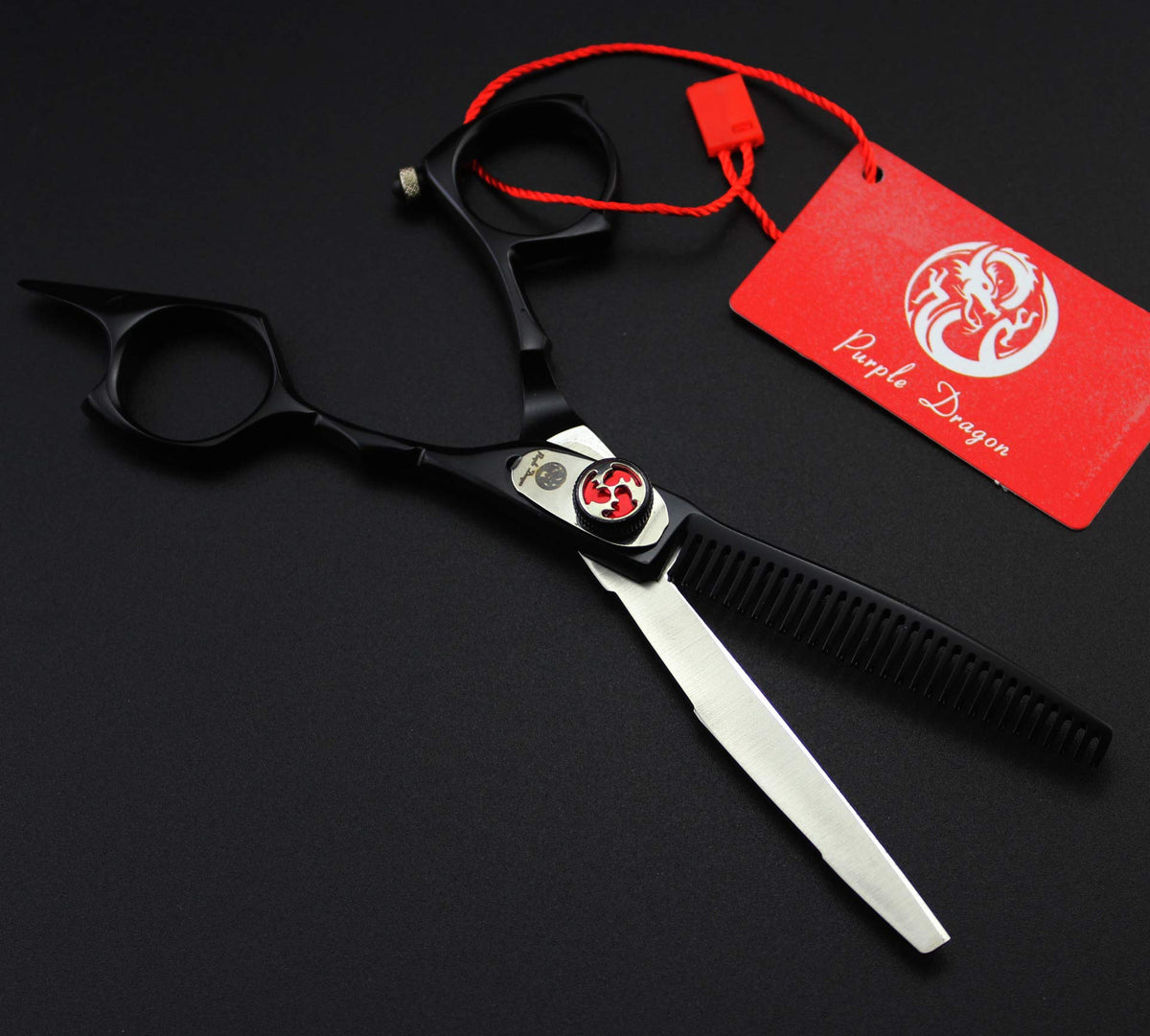 Purple Dragon Tijeras de Corte de Pelo y Tijeras de Adelgazamiento de Acero Inoxidable Japonés 440C, 14 cm, con Bolsa, Color Negro, Perfectas para Peluquería Profesional
