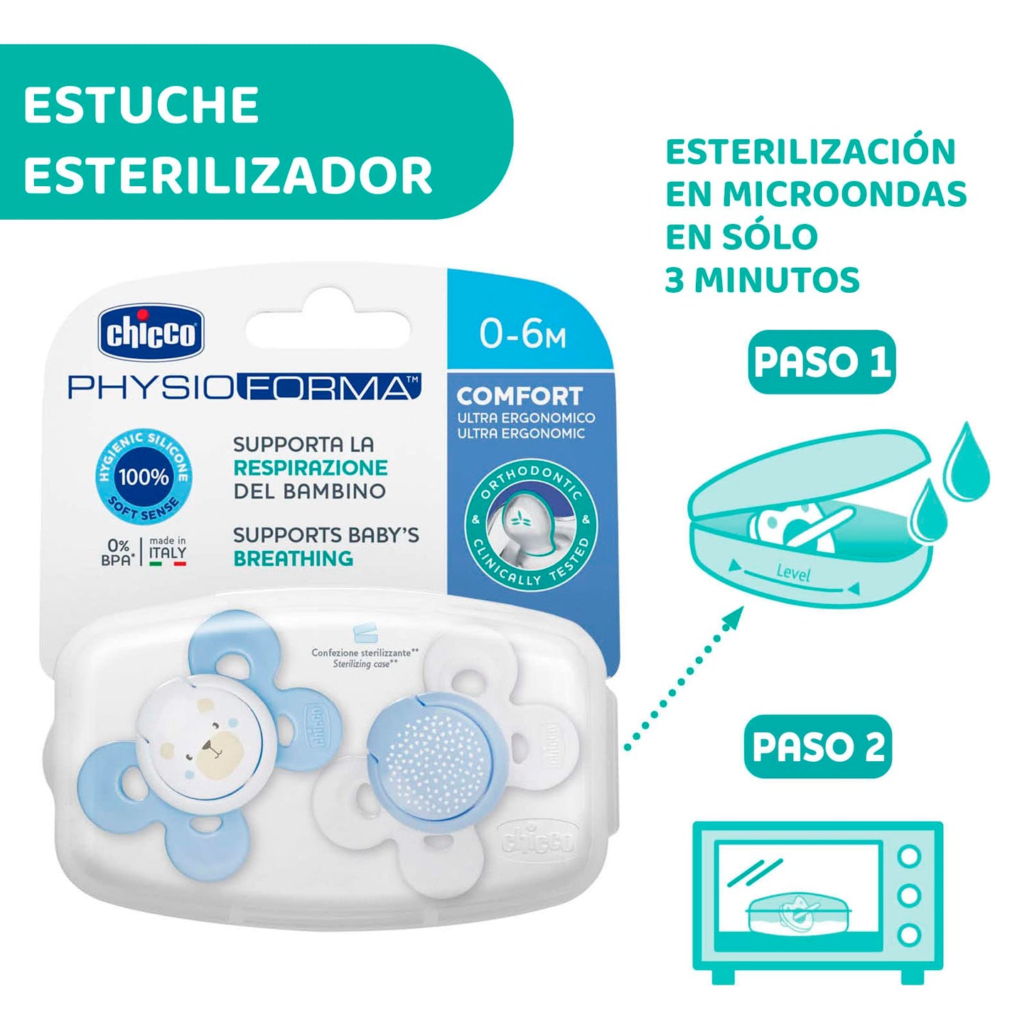 CHICCO, Set de Chupón para Bebé PhysioForma Comfort, 0 a 6 meses, Color Azul