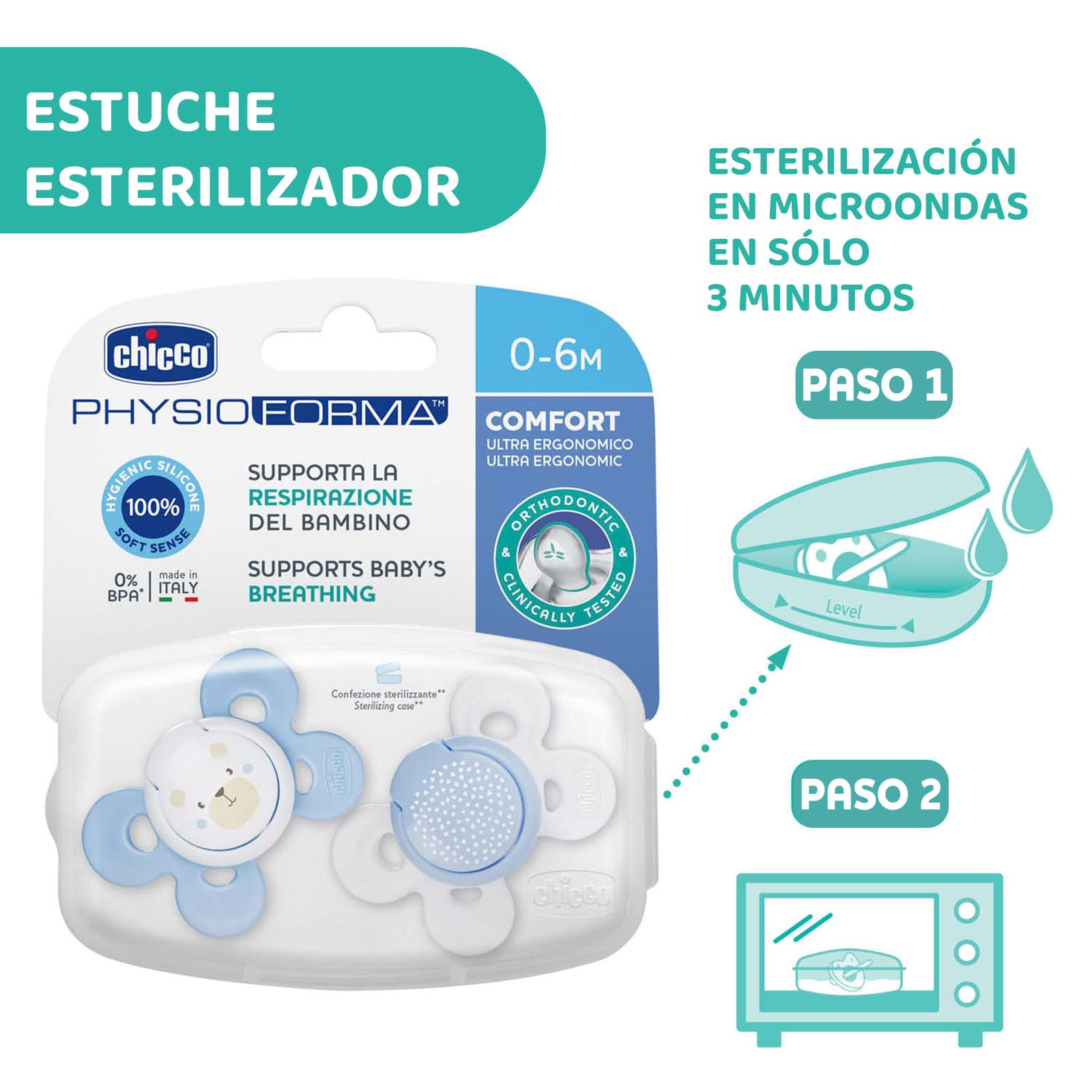 CHICCO, Set de Chupón para Bebé PhysioForma Comfort, 0 a 6 meses, Color Azul