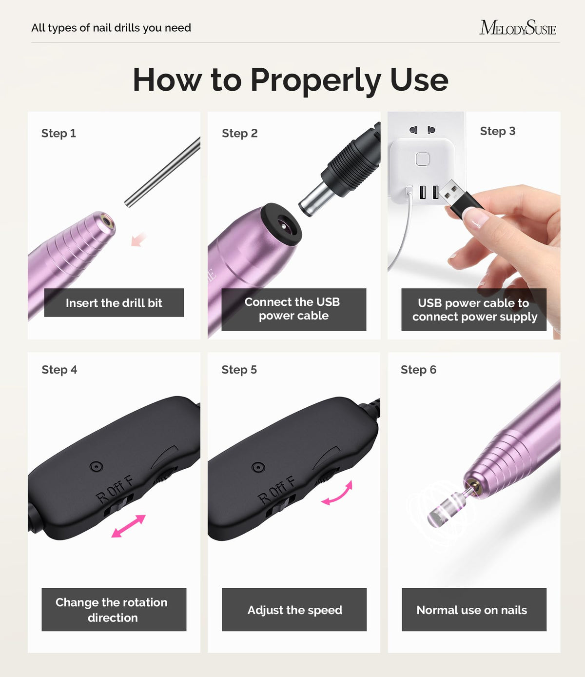 Taladro de Uñas MelodySusie Blanco USB para Preparación Suave