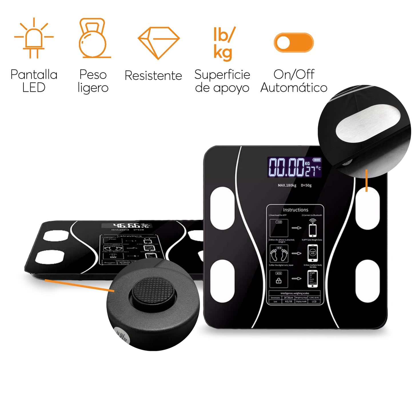 Báscula Digital Archy Inteligente Negra con Analizador de Composición Corporal y App Bluetooth Compatible Android y iOS