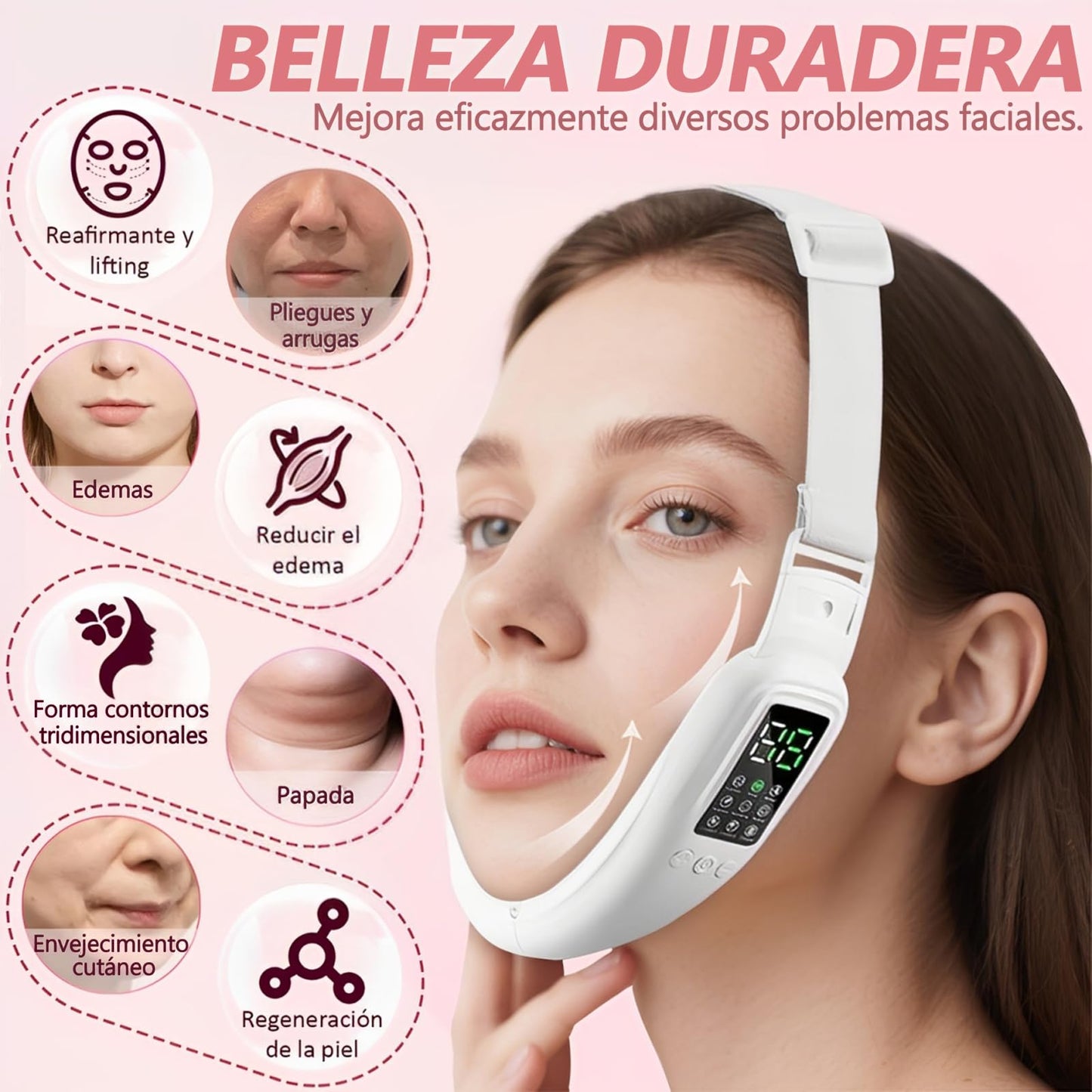 Masajeador Facial, Eliminador de Papada con Lifting de cara Correa, Microcorriente de Alta Frecuencia, Faja Papada 8 Modos con 15 Marchas, Rejuvenece tu piel, Tensar la piel, Creando Rostro Forma de V