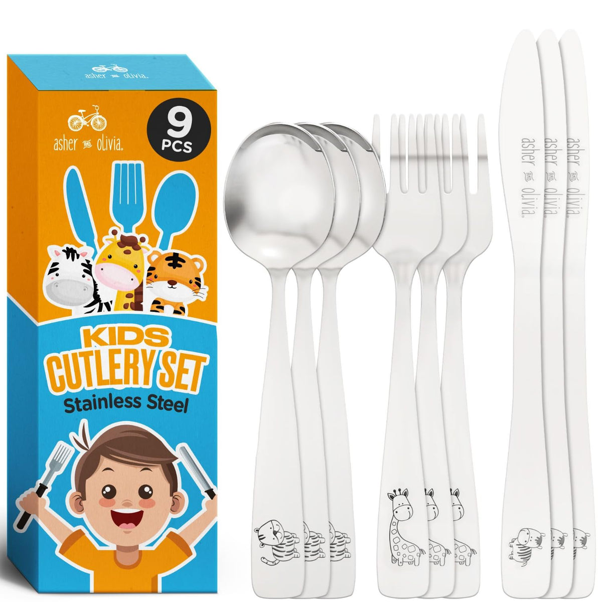 Juego de cubiertos de acero inoxidable para niños, 9 y 24 unidades de utensilios para bebés, cubiertos de metal para preescolar, bebés, niños, bebés, auto alimentación, lavaplatos, 9 Pack