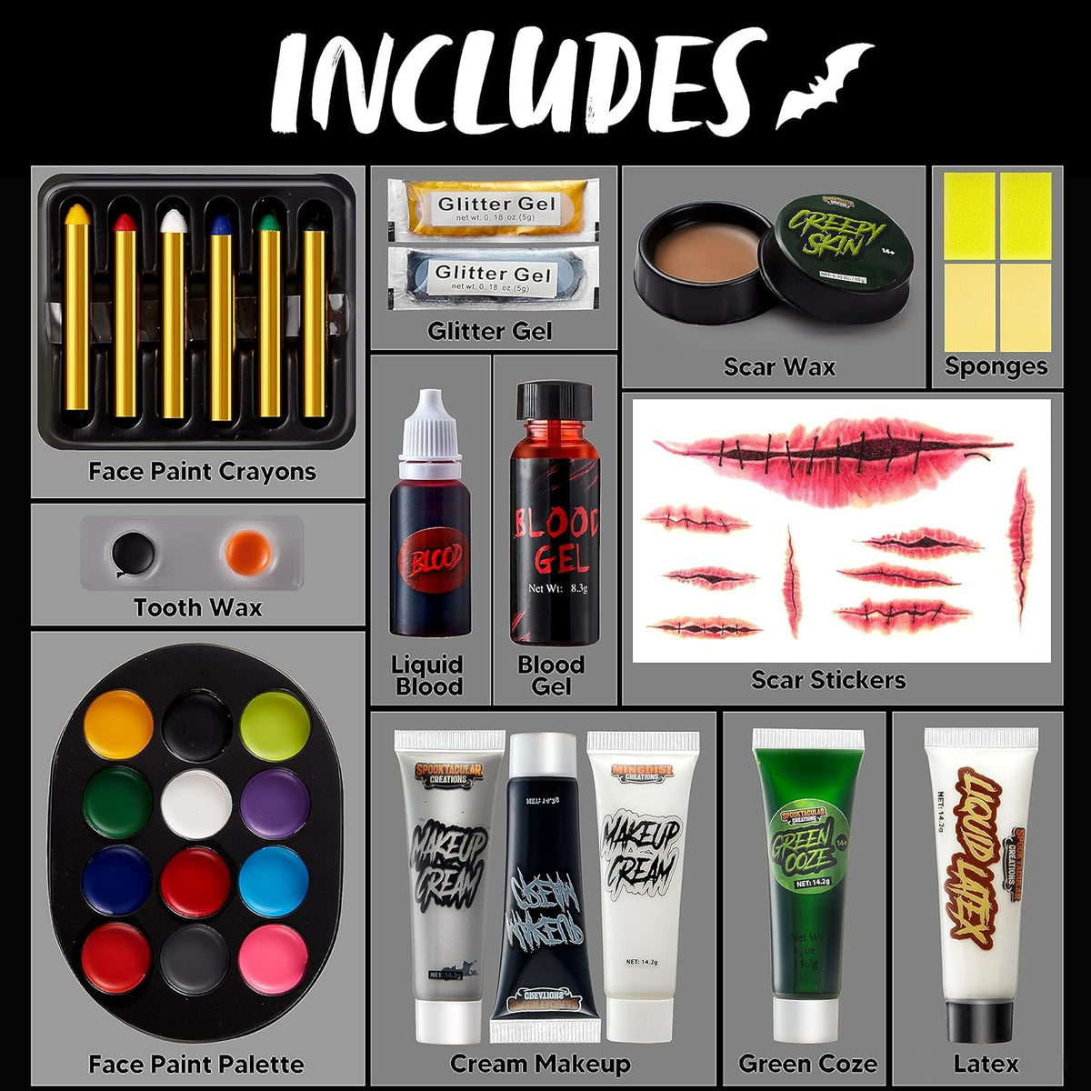 Spooktacular Creations Juego de 20 piezas de maquillaje familiar de Halloween con cicatriz, esponjas, maquillaje en crema, disfraz de sangre falsa fácil de poner y quitar para suministros de fiesta de Halloween