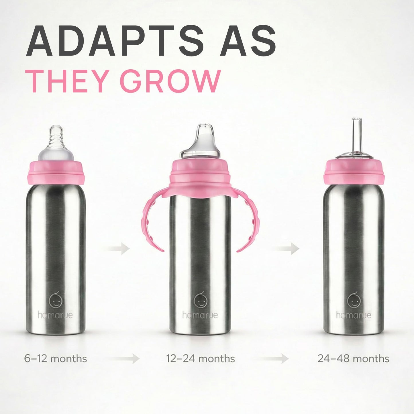 Hamarue vasos de acero inoxidable para bebés | no tóxico 3 en 1 botella de transición con asas | Botella de agua para bebé | Vasos para bebé | Botella de agua de acero inoxidable, Rosado