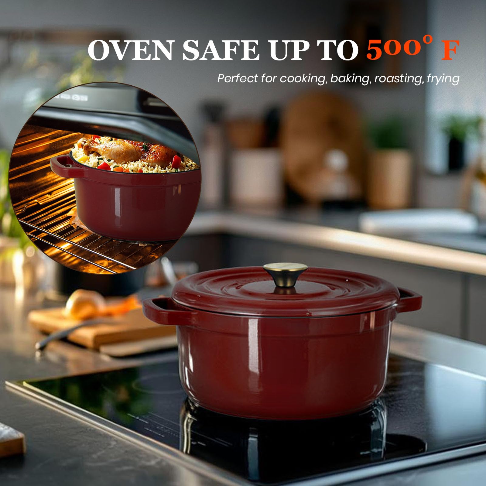 Overmont - Horno holandés de hierro fundido de 5.5 cuartos – Doble asas ensanchadas – Olla esmaltada con libro de cocina – Utensilios de cocina de esmalte resistente con agarraderas de algodón para