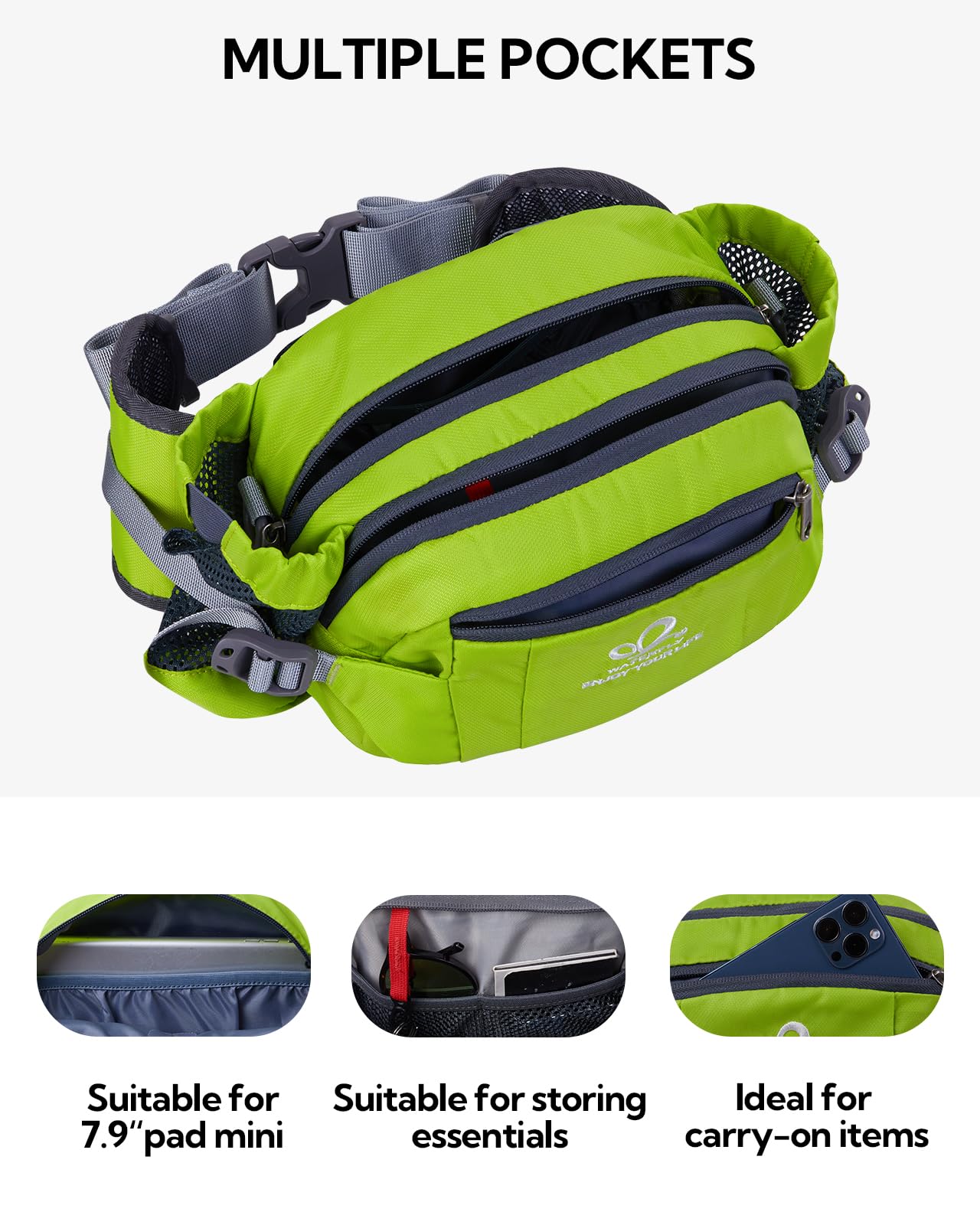 Riñonera WATERFLY Negra con Portabotellas para Senderismo y Deportes Hombre Mujer