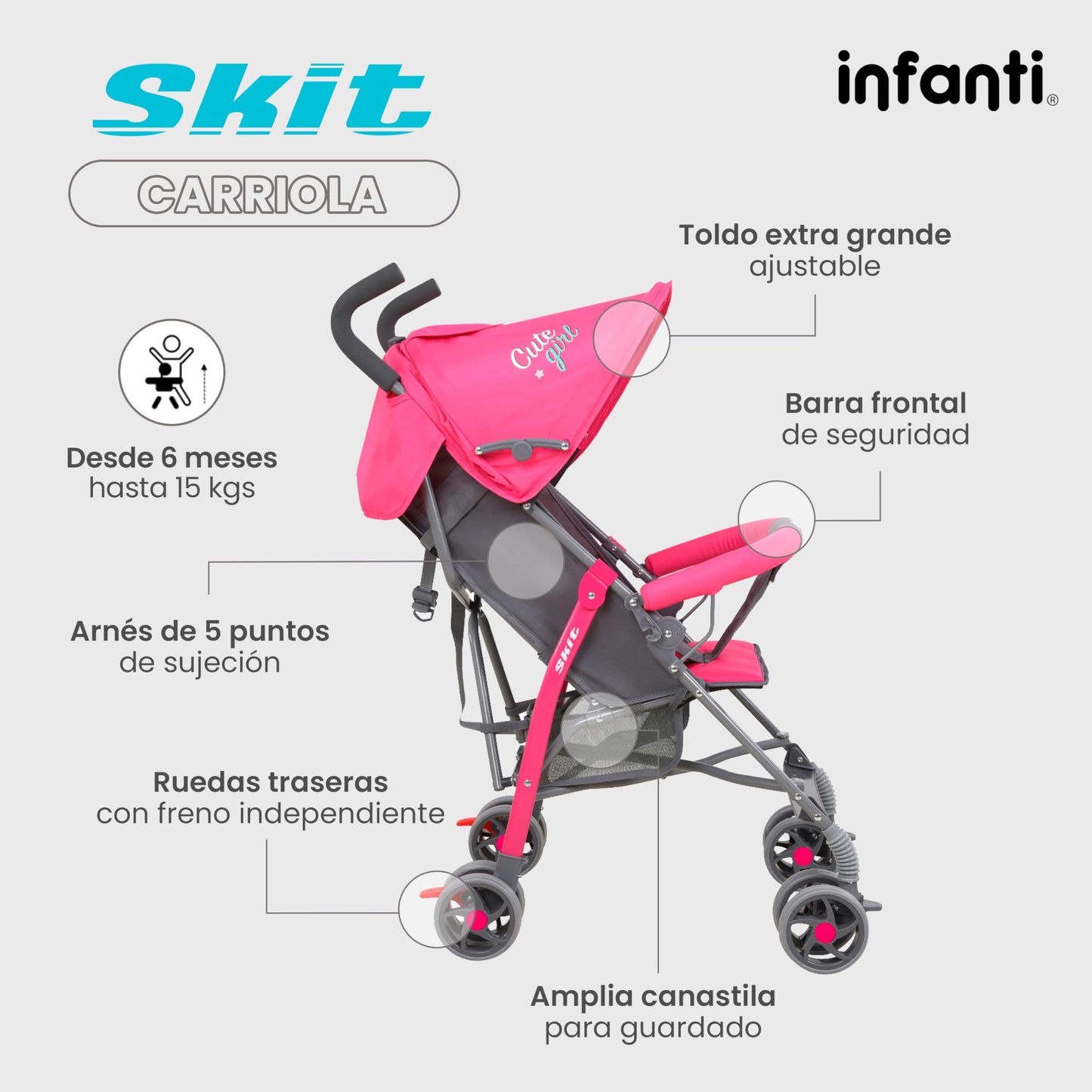 INFANTI | Carriola para Bebe de Baston SKIT | Carriola de Viaje - Carrito para Bebe | Cosas para Bebes 6 Meses hasta 15 kg - Compacta y Plegable | Carriola de Baston Ligera con Arnés de Seguridad
