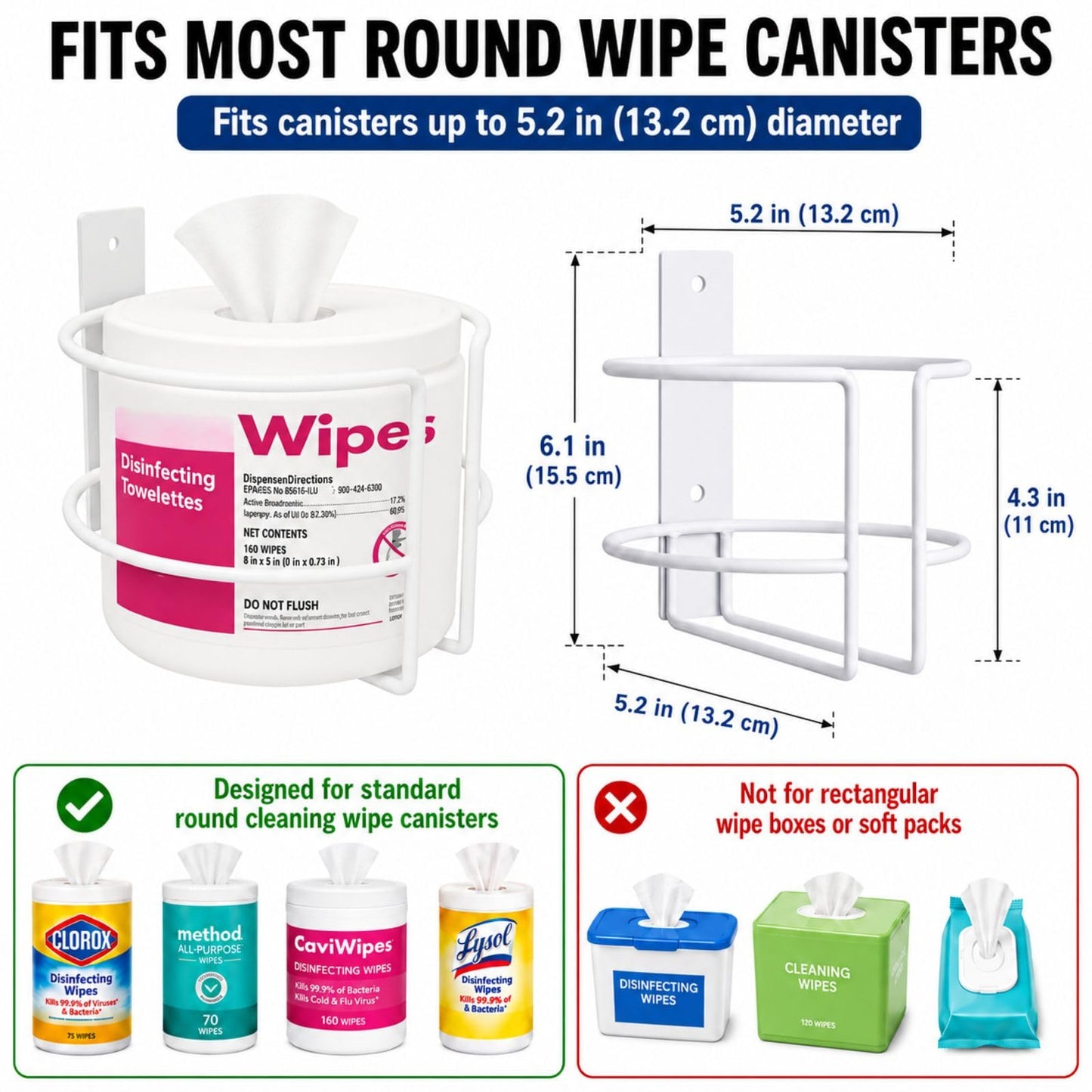Soporte y dispensador de toallitas para montaje en pared, organizador de baño y cocina a prueba de óxido con calcomanía o tornillos 3M, apto para toallitas Clorox, Lysol, bebé y mascotas, estante de
