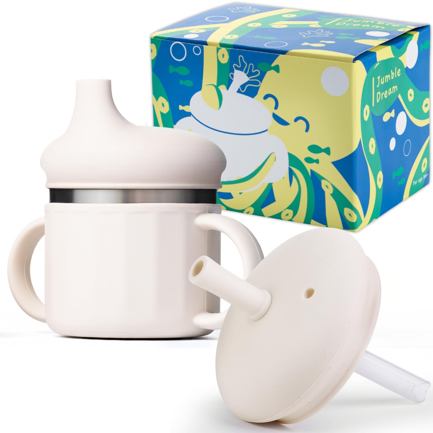 Jumble Dream Vaso para bebé de acero inoxidable y silicona, vaso para bebé, vaso de entrenamiento para niños con pajita de silicona, vaso para niños pequeños con pajita a prueba de derrames | A partir