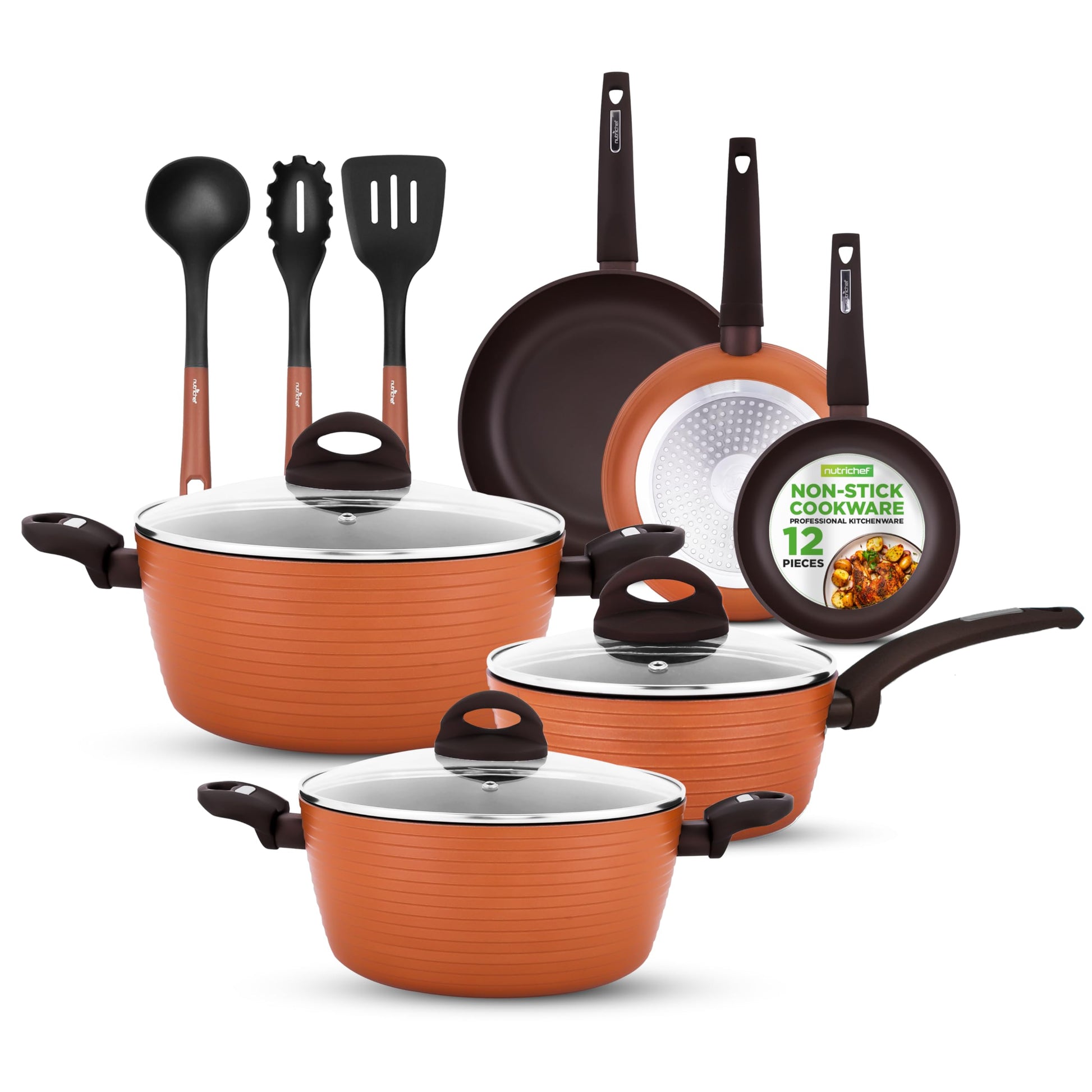 NutriChef juego de sartenes y ollas para cocina antiadherentes 12 piezas marron. Recubrimiento duradero, compatibles con todas las estufas.