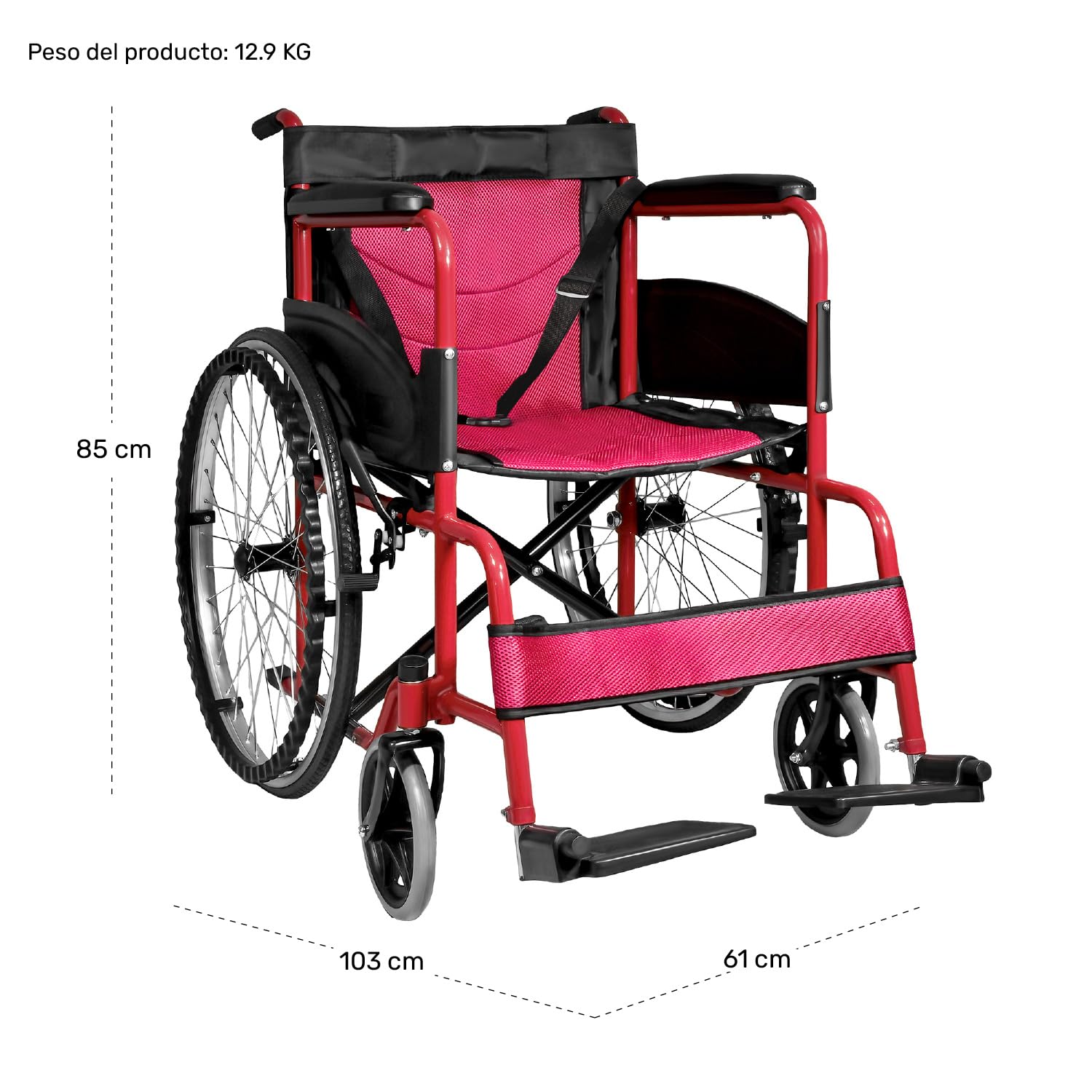 Silla de Ruedas NANOFORT Roja Aluminio Ligera Resistente para Adultos con Confort Máximo y Freno de Palanca
