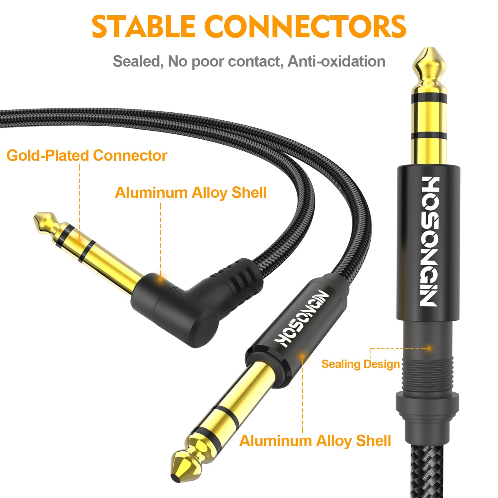 HOSONGIN Cable de instrumento TRS de 1/4 pulgadas, paquete de 2 unidades, de 10 pies, ángulo recto a recto 6.35 mm, cable de audio estéreo masculino, línea de interconexión equilibrada para guitarra eléctrica, bajo, teclado, mezclador, amplificador, altav