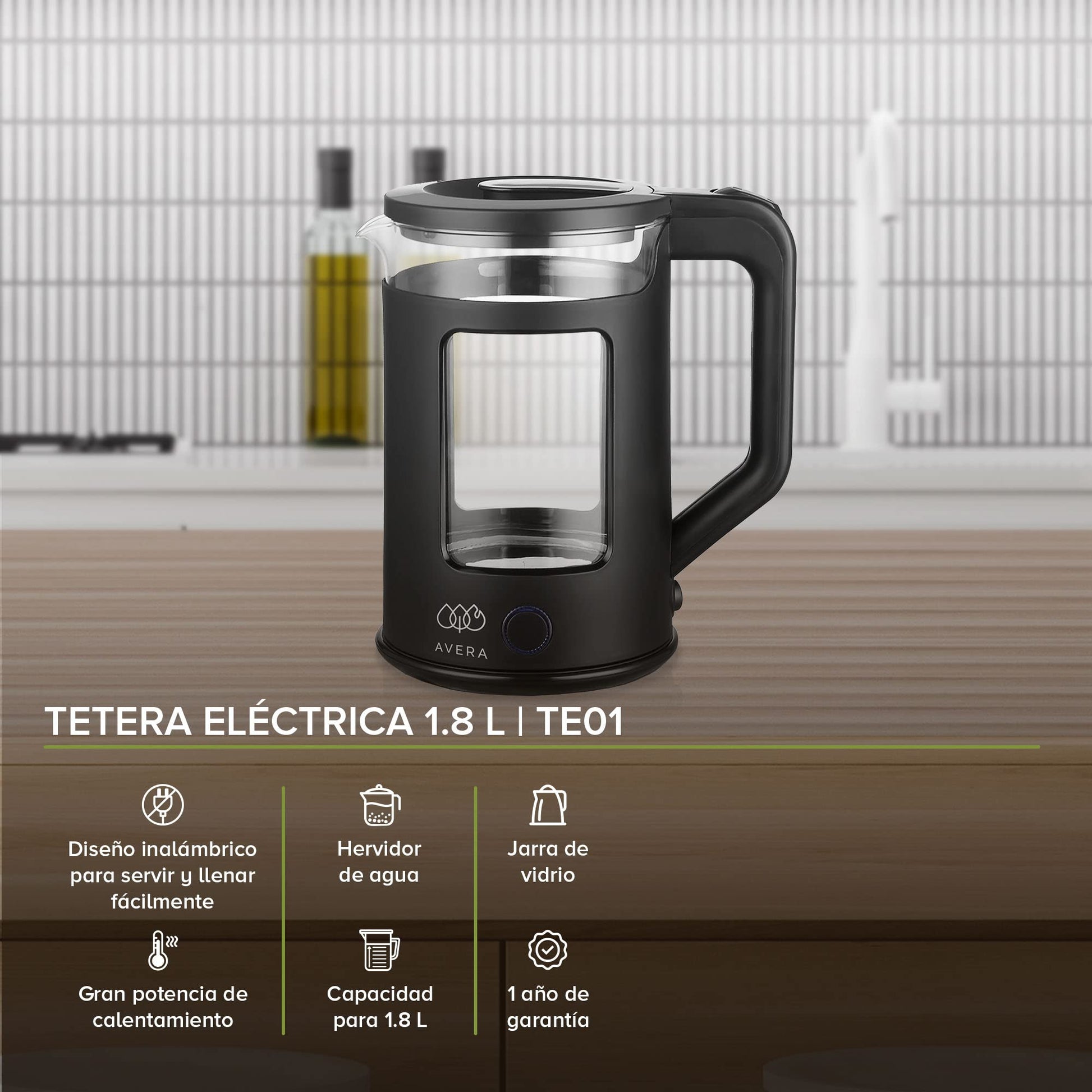 AVERA Tetera Electrica de Vidrio 1.8 Litros 1000W Potencia, Hervidor de Agua Inalambrico, Libre de BPA, Apagado Automatico, Interior Inoxidable, Iluminacion LED, Color Negro