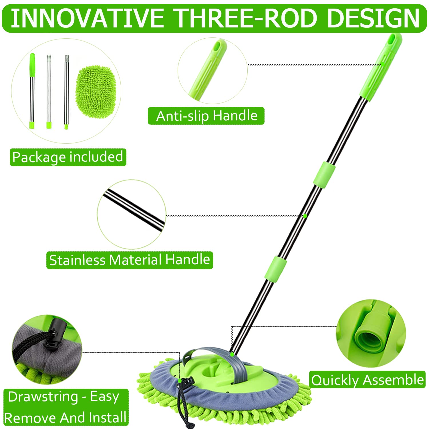 Cepillo para Lavar Carros WillingHeart Microfibra Mango Extensible Kit de Limpieza Automotriz para Interior