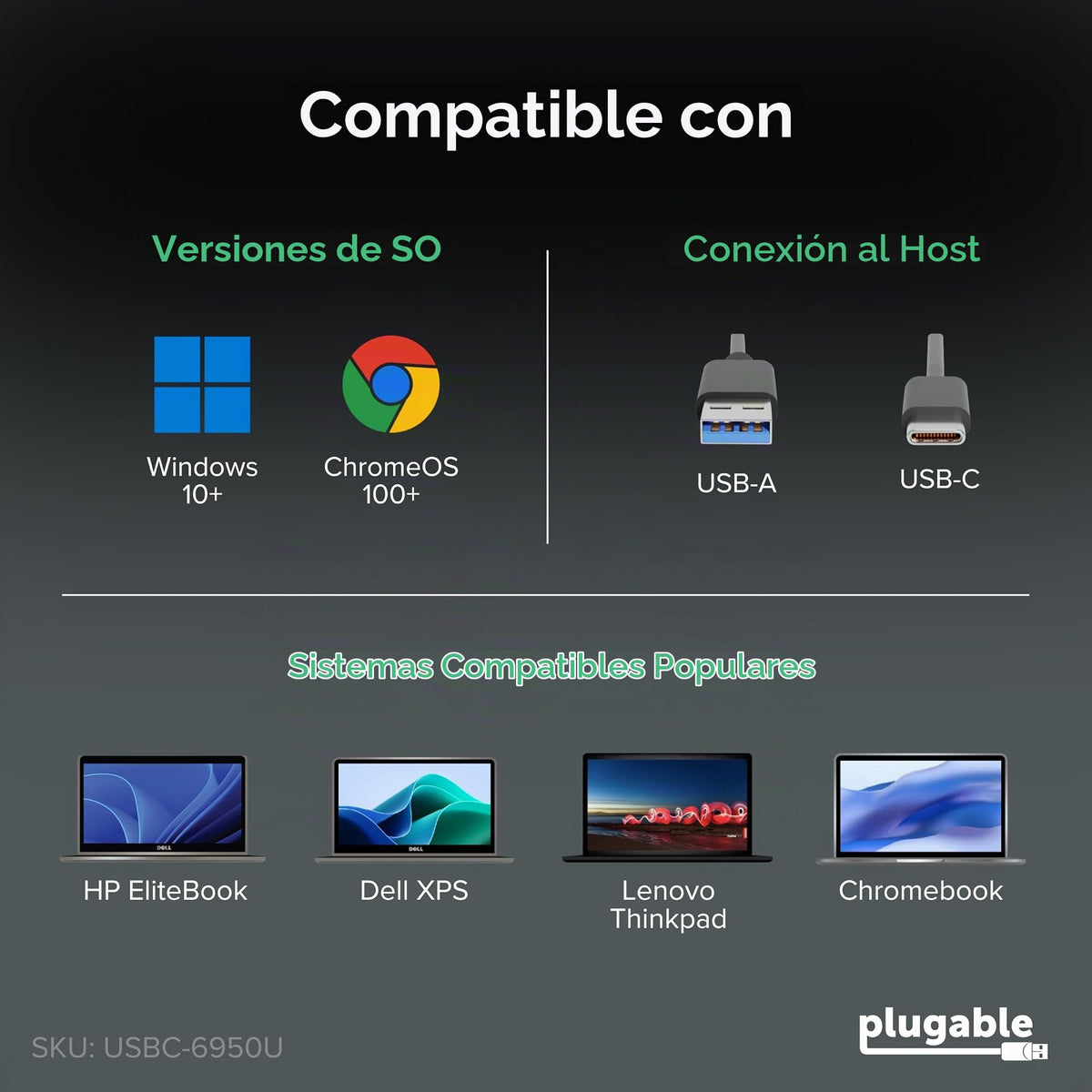 Adaptador de Monitor Dual Plugable Negro 4K para USB 3.0 y USB-C