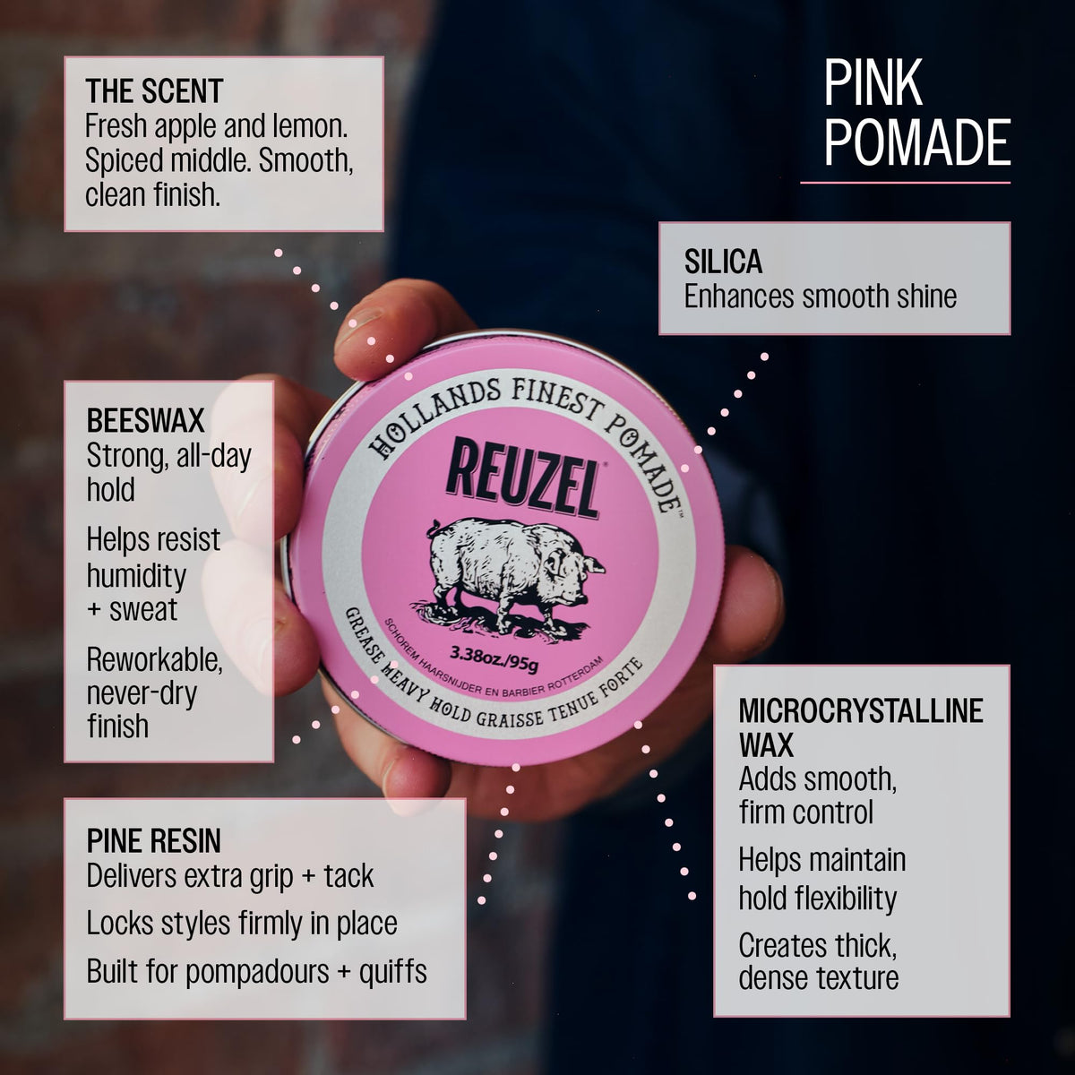 Reuzel Pink Pomade Grease 95 g Pomada para Cabello Base Aceite, Fijación Fuerte, Brillo Medio, Ideal para Cabello Grueso y Rizado