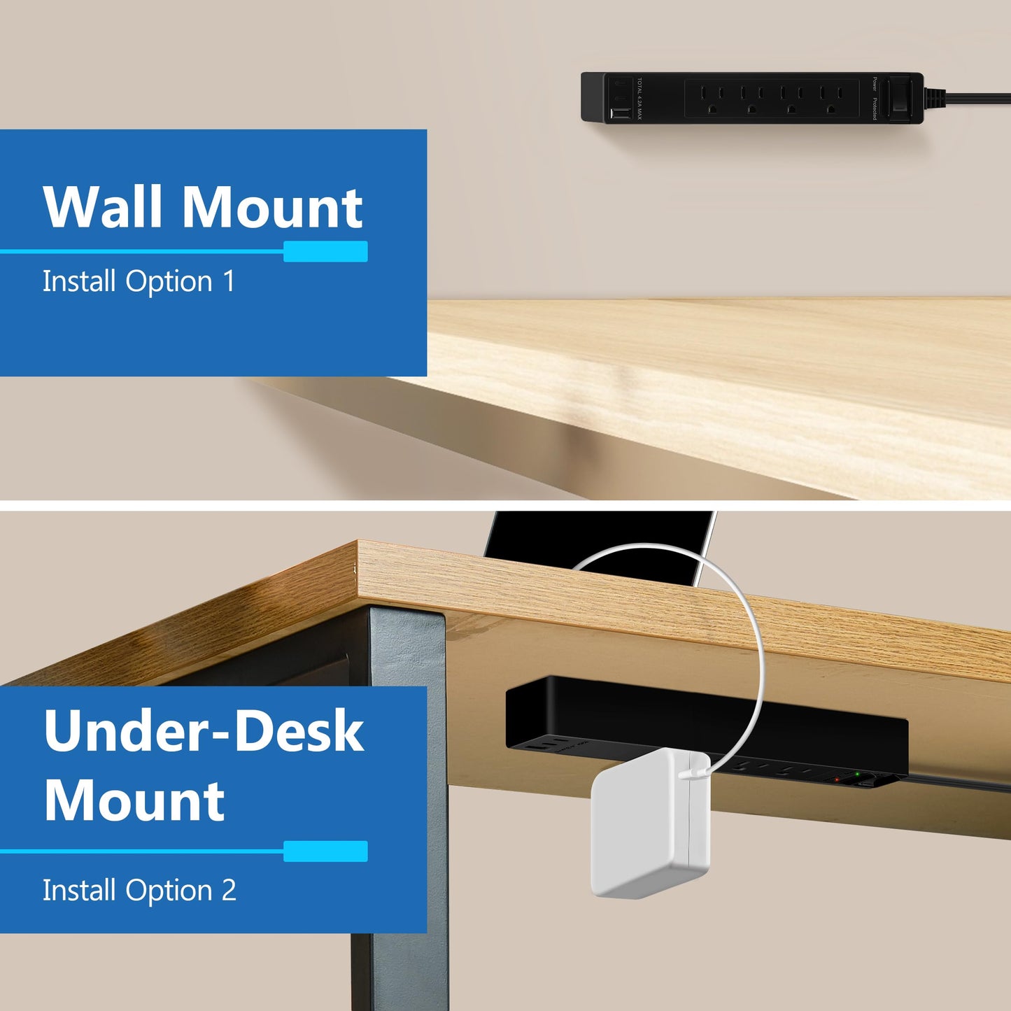 LIDER Extensor de toma protegido contra sobretensiones, tira de alimentación de 4 tomas, USB tipo A de 21 W y 2 puertos USB tipo C, enchufe de placa de pared ultrafino con extensor de cable, cara