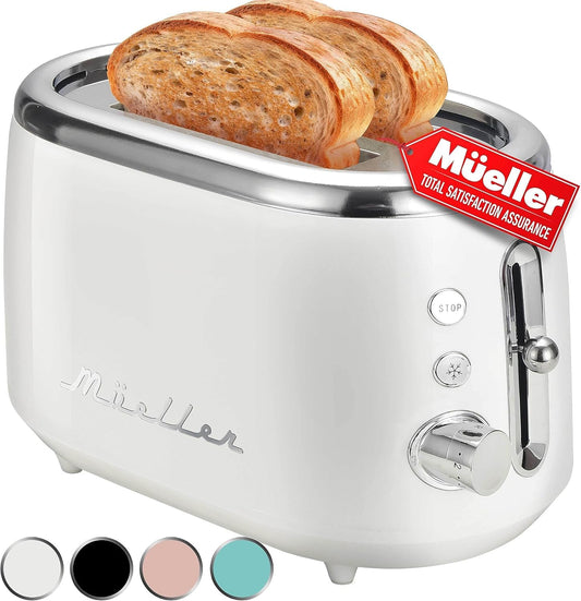 MÜELLERHOME tostador retro de 2 rebanadas, 7 niveles de dorado, 3 funciones (recalentar, descongelar, cancelar), bandeja extraíble para migas, almacenamiento de cable debajo de la base,
