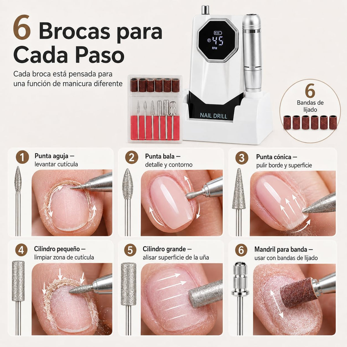 Esmerl para Uñas Eléctrica,Drill para Uñas Profesional 45000 rpm de Velocidad Ajustable con base de soporte,6 Drill Multifunción,Drill para Uñas Profesional de bajo ruido para uso doméstico y salón.