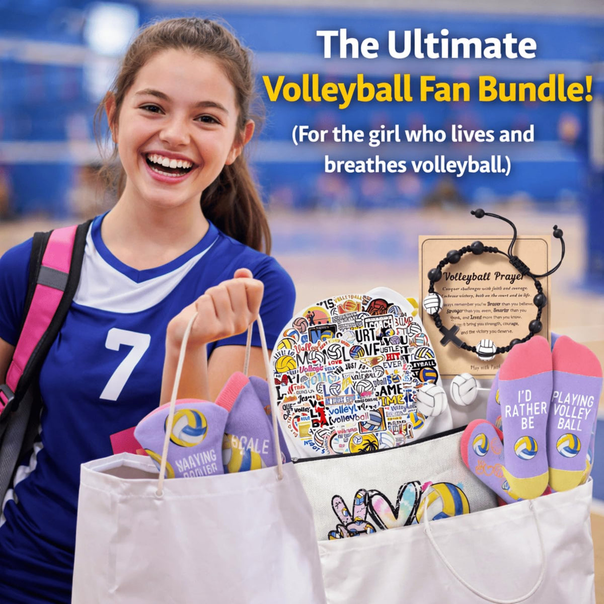 Flotreif - Juego de regalos de voleibol para adolescentes, regalos de voleibol, calcetines divertidos de voleibol, aretes de voleibol, bolsa de maquillaje, 50 unidades, 5 unidades, regalos de voleibol