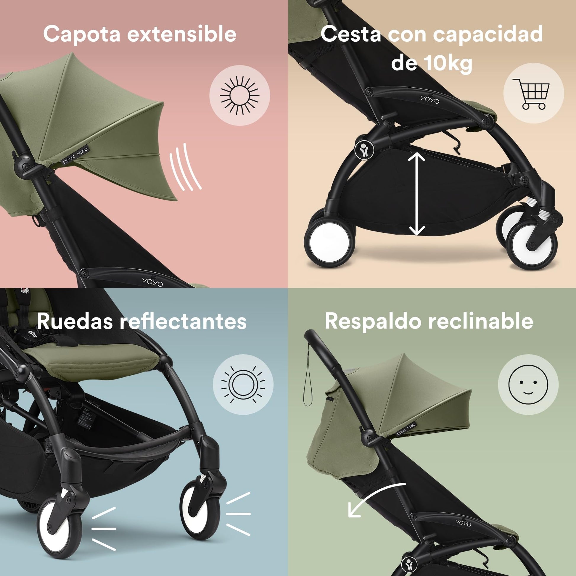 Carriola Stokke YOYO3 a partir de 6 meses - Incluye chasis negro/cojín de asiento Olive + dosel - Se pliega y despliega en un instante - Ligera y compacta - Compatible con equipaje de mano
