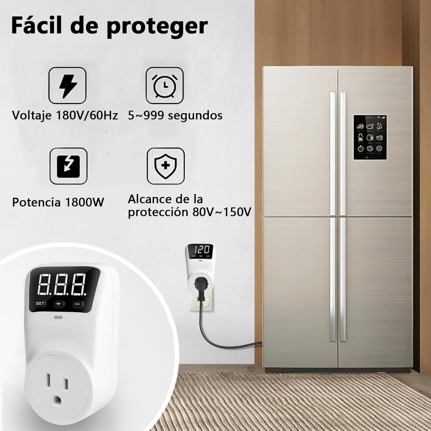 Regulador de Voltaje y Protector 1800W con Pantalla Digital para Refrigerador y Lavadora 15A, voltaje de salida es 150V