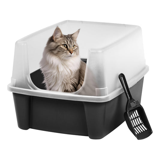 IRIS USA Caja de Arena para Gatos Grande con Escudo Anti-Salpicaduras y Paleta, Pan de Arena para Gatos de Bordes Altos y Abierto en la Parte Superior, Negro